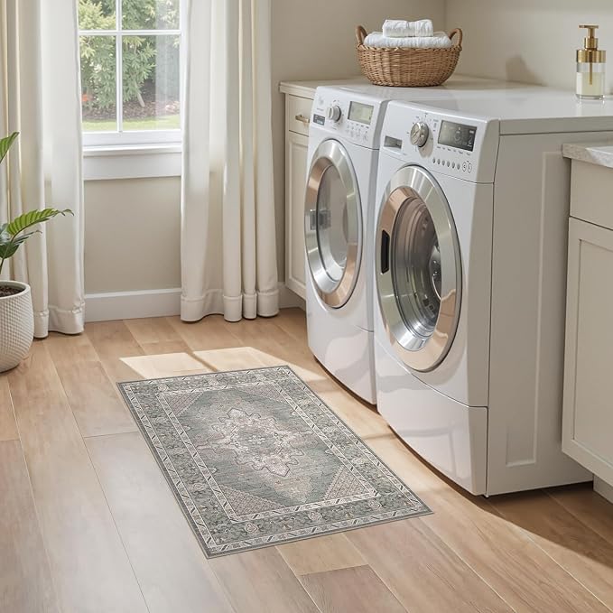 Tortania Area Rug 2x3 Doormat - Washable Vintage Oriental Farmhouse Soft Thin Indoor Carpet for Living Room Bedroom Hallway Entryway Kitchen - Green Gray