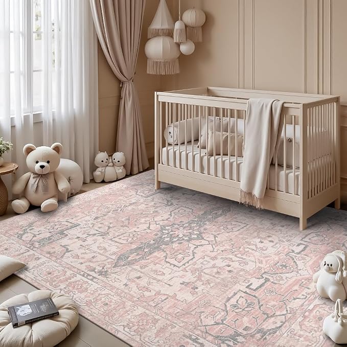 Rugxara Pink Rug 5x7 Area Rugs Washable Rug for Bedroom Nursery Room | Non Slip, Rug for Living Room Girls Kids Room Dining Room, Stain Resistant, Soft, Vintage Boho Carpet, Low Pile, Home Decor