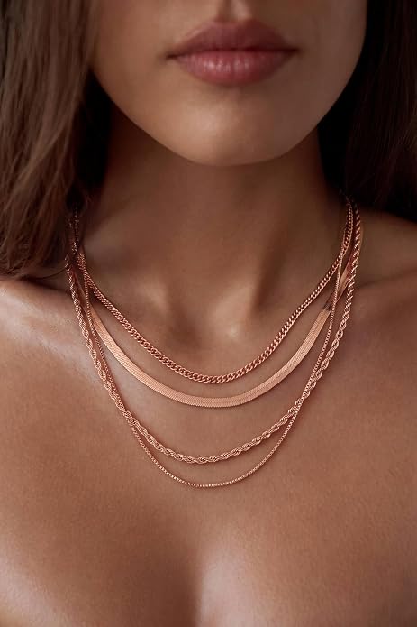 Tewiky Layered Necklaces for Women Non Tarnish- Chunky 14k Gold Plated Herringbone/Snake/Rope/Box/Cuban Link Chain for Women Waterproof Layering Stack Choker Necklace Trendy Dainty Tarnish Free Jewelry Set