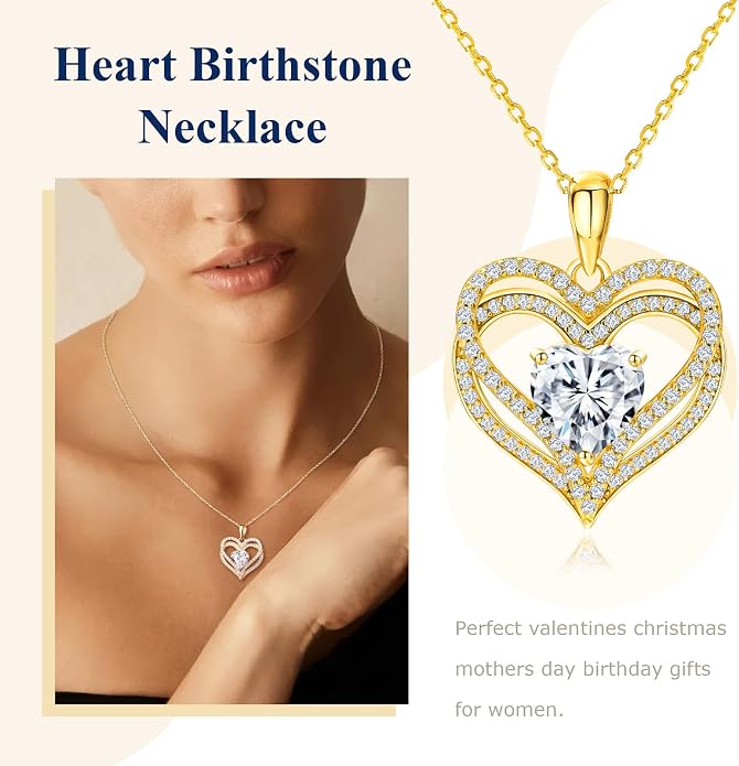Anniversary Charm Necklace, Sterling Silver 14K Gold Plated Chain with Interlocking Heart Pendant Elegant Birthstone Necklaces for Women, Length 18"