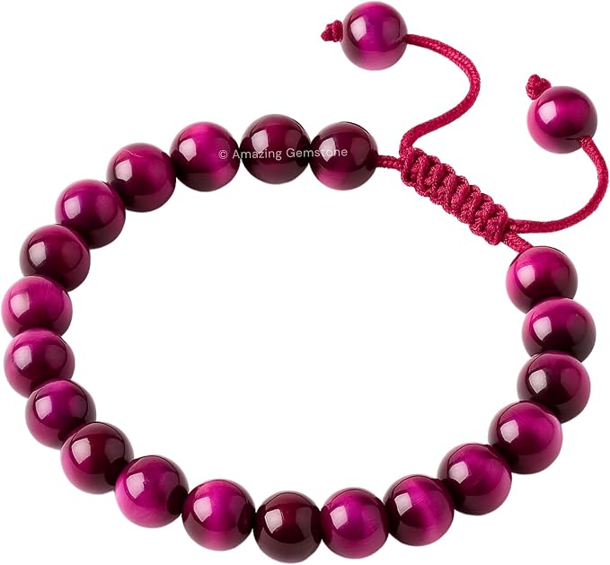 Amazing Gemstone Pink Tiger Eye Bracelet, Gifts for Men & Women - Protection Healing Crystal Bracelet - 8mm Gemstone Beaded Adjustable Bracelet, Pulseras para Hombres Mujer Stocking Stuffers