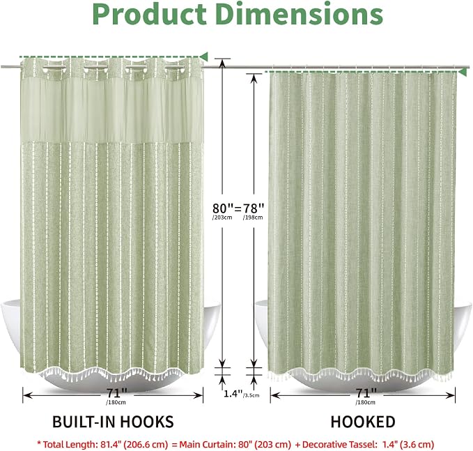 eachope No Hook Long Shower Curtain Set with Snap-in Fabric Liner,Linen Ultra Thick Fabric with Tassels,Boho Chic Modern Farmhouse Country Neutral Cloth Shower Curtains for Bathroom,Sage Green,71x80