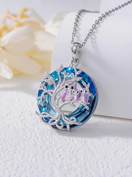 TOUPOP Sterling Silver Tree of Life Hummingbird/Dragonfly/Owl/Panda Necklace Crystal Bird Jewelry Birthday Christmas Valentines Day Gifts for Her Girlfriend Mom