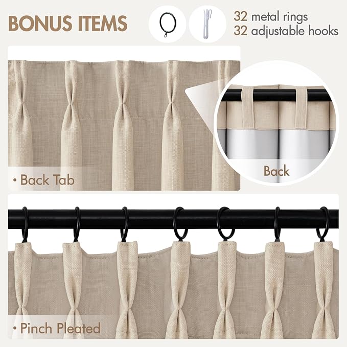 MIULEE Pinch Pleated 100% Blackout Curtains 40"x96" Natural 4 Panels Set | Thick Linen, Memory Trained Pleat, Back Tab Double Layer Drapes, Thermal Insulated, Curtain for Bedroom Living Room Darkening