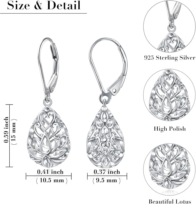 925 Sterling Silver Filigree Dangle Drop Earrings Daisy/Lotus/Rose Flower/Moonstone Leverback Teardrop Earrings for Women Infinity Celtic Knot Daisy Lotus Jewelry for Mothers Day