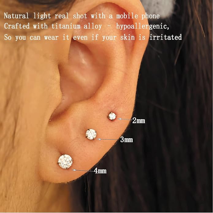 20G Hypoallergenic G23 Titanium Cubic Zirconia Silver Flat Back Earrings for Women and Men,Nickel-Free and Lead-Free Medical Waterproof Studs,Cartilage Stud Earrings for Sensitive Ears,Fashion Piercing Jewelry for Sensitive Skin