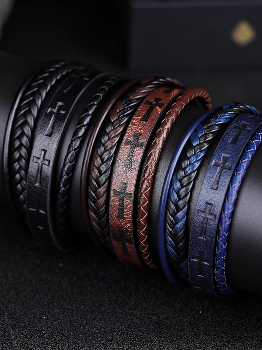Mens Leather Cross Bracelet Multilayer Braided Wristband Bangle Bracelets with Stainless Steel Buckle Religious Gift for Men Brown/Black/Blue–8.3 inch