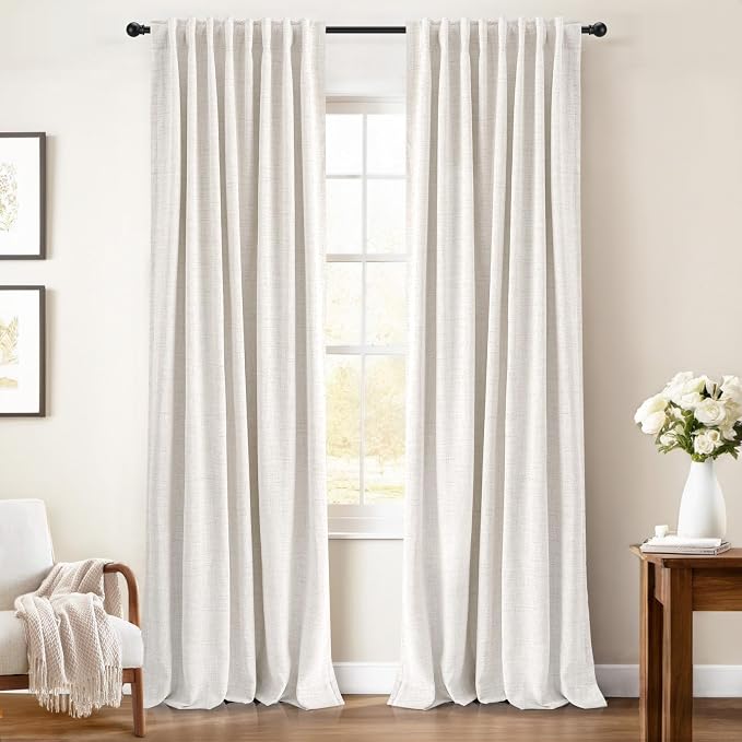 INOVADAY 100% Blackout Curtains 63 Inches Length 2 Panels Set, Back Tab/Rod Pocket Linen Black Out Curtains for Bedroom, Thermal Insulated Window Drapes - Beige, W50 X L63