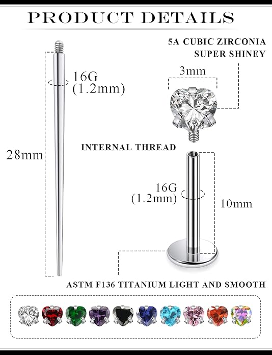 20G 18G 16G Astm F136 Titanium Internal Thread Flat Back Earrings Nose Studs Tragus Helix Conch Cartilage Lobe Earrings Medusa Labret Snake Bite Monroe Lip Ring Piercing Jewelry For Women Men