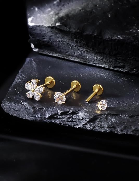 20G 18G 16G Astm F136 Titanium Internal Thread Flat Back Earrings Nose Studs Tragus Forward Helix Conch Cartilage Lobe Earring Stud Medusa Labret Monroe Lip Ring Piercing Jewelry For Women Men