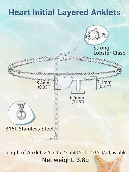 Initial Ankle Bracelets for Women, Dainty Stainless Steel Letter A-Z Layered Anklets, Heart Ankle Bracelet 8.5"-10.5" Adjustable, Summer Beach Jewelry, Come with Box
