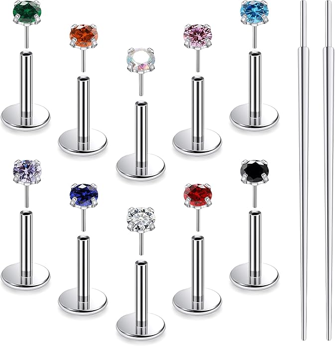 Ruifan Titanium Flat Back Lip Rings Threadless Push in Earrings Studs Nose Rings 20G 18G 16G Mix Colors CZ Tragus Cartilage Lobe Rook Helix Conch Labret Medusa Nostril Piercing Jewelry for Women Men
