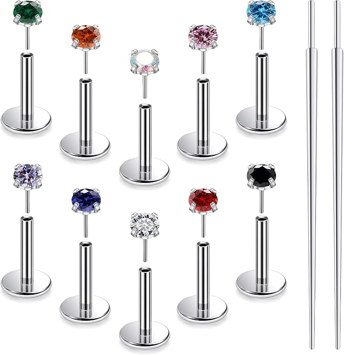 Ruifan Titanium Flat Back Lip Rings Threadless Push in Earrings Studs Nose Rings 20G 18G 16G Mix Colors CZ Tragus Cartilage Lobe Rook Helix Conch Labret Medusa Nostril Piercing Jewelry for Women Men