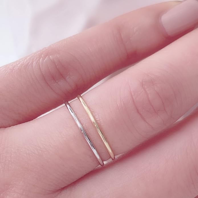 JEWELHEART 14K Solid Gold Wedding Band For Women - 1mm Yellow and White Real Gold Thin Simple Knuckle Midi Ring - Dainty Stackable Rings Size 5, 6, 7, 8