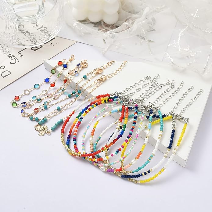 XIJIN 8Pcs Handmade Beaded Anklets for Women Boho Colorful Beads Ankle Bracelets Adjustable Foot Anklet Set