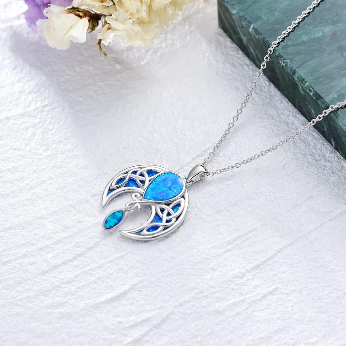AOBOCO Sterling Silver Celtic Crescent Moon Goddess Pendant Irish Good Luck Necklace with Birthstone Crystal, Celtic Moon Jewelry Gift for Women Mom Wife