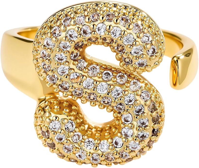 Cicy Bell Initial Rings for Women 14k Gold Plated Cubic Zirconia Delicate Letter Chunky Statement Open Rings Gifts for Her