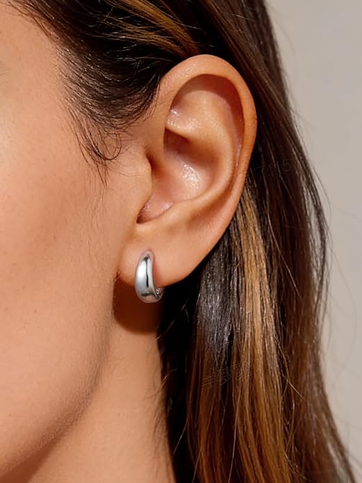 ChicSilver Solid 925 Sterling Silver Chunky Hoop Earrings for Women, Silver Small Thick Huggie Earrings Hypoallergenic Lightweight Silver Hoop Earrings for Sensitive Ears (8/10/12/14mm)