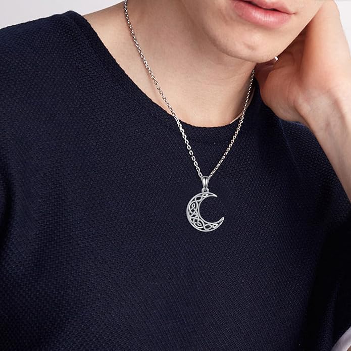 Celtic Moon Necklace for Women 925 Sterling Silver Wiccan Jewelry for Women Cross Triple Moon Viking Jewelry for Men