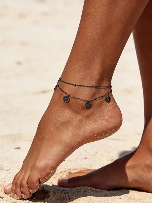 U7 Silver/Gold Ankle Bracelets for Women Layered Chain Anklets Stainless Steel Waterproof Summer Beach Anklet Cham, Adjustable 8.5"-10.5"