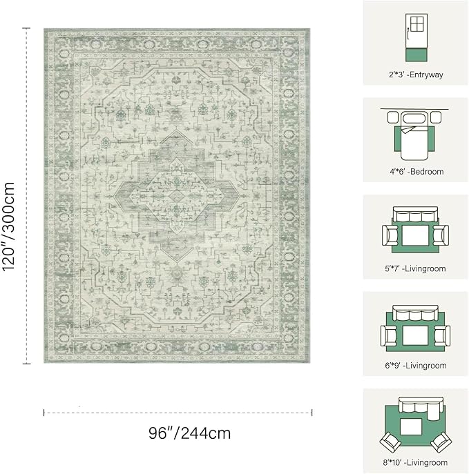 Rugxara 8x10 Washable Area Rug for Living Room, Extra Large Vintage Boho Rugs for Office, Kids Room, Farmhouse, Durable Low Pile Non Slip Carpet for High Traffic Areas, Sage Green