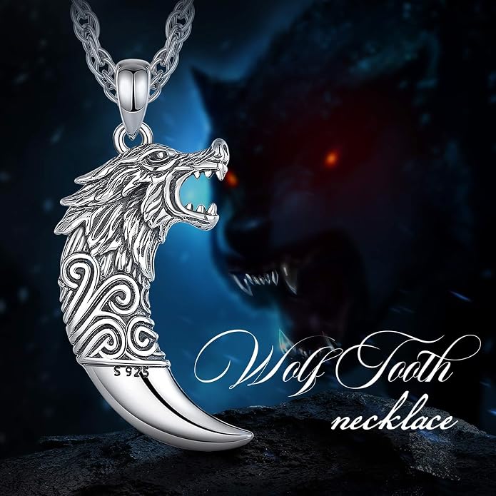 925 Sterling Silver Viking Wolf Mjolnir Necklace for Men Women, Viking Runes Wolf Tooth Witch Celtic Knot Amulet Protection Pendant Nordic Norse Mythology Jewelry Gift for Men Women