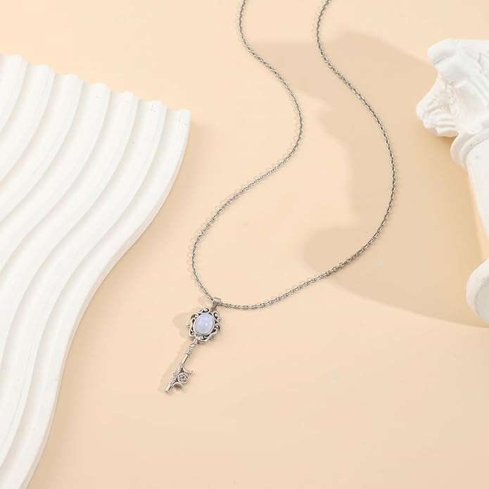 Natural Moonstone Crystal Key Necklace for Women, Retro Triple Moon Key Healing Crystal Wiccan Pagan Jewelry Gift