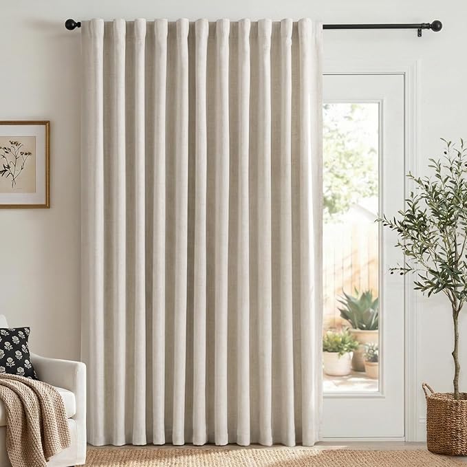 100% Blackout Shield Linen Blackout Sliding Door Curtains for Living Room, Back Tab/Rod Pocket Thermal Insulated Curtains for Sliding Glass Doors, 1 Panel Set, 100" W x 90" L, Cream