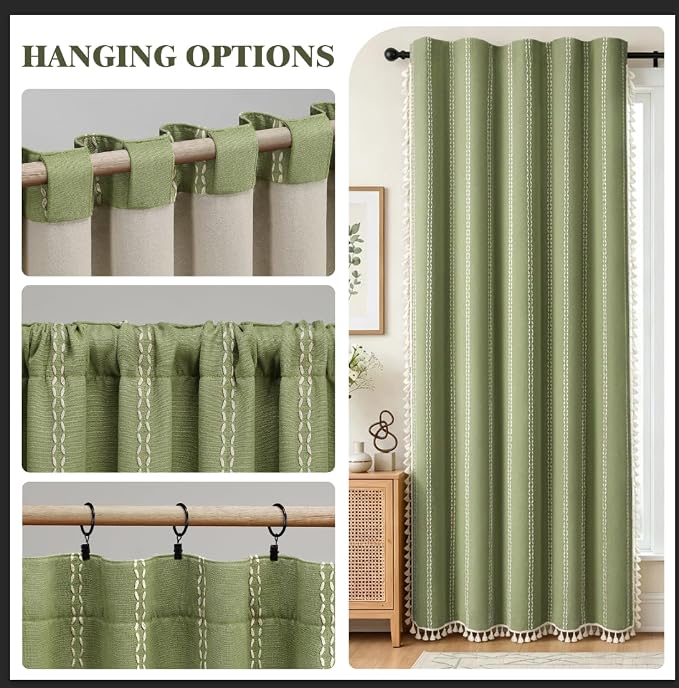 Olive Green Boho Blackout Curtains 2 Panels 84 Inch for Living Room Bedroom, Linen Texture Farmhouse Curtains with Tassels and White Cotton Embroidery Vintage Rustic Country Western