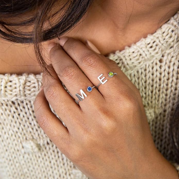 925 Sterling Silver Initial Letter Birthstone Rings for Women Adjustable 1-12 Month Birthstone Alphabet Stacking Ring for Teens Girls Stackable Birthstone Rings Birthday Jewelry Gift for Daughter Mom