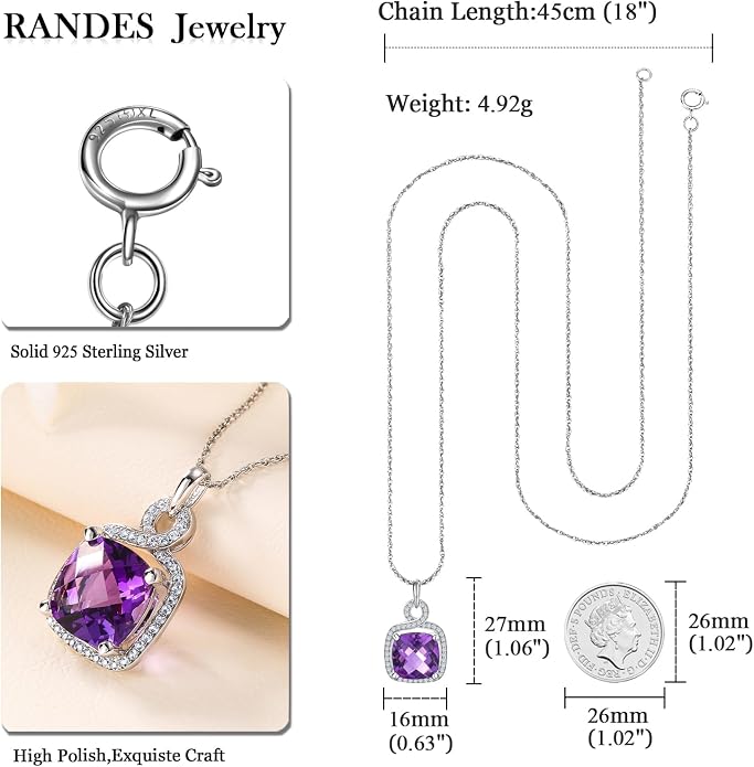 Birthstone Necklace for Women 925 Sterling Silver Cushion/Pear Cut Created Gemstone Halo Pendant Necklace Birthstone Jewelry