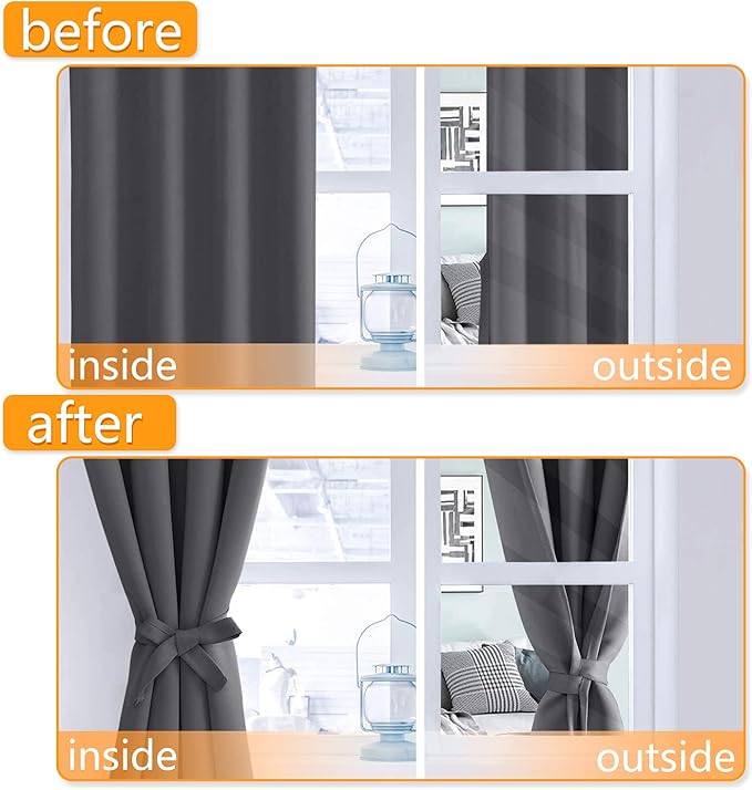 Hiasan Blackout Curtains for Bedroom - Thermal Insulated & Light Blocking Window Curtains for Living Room, 2 Drape Panels Sewn with Tiebacks, Dark Grey, 42 x 54 Inch