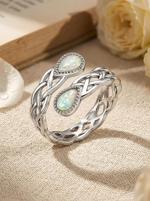 Opal Rings for Women 925 Sterling Silver Celtic Knot Ring | Adjustable Open Ring, Promise Ring, Engagement Ring, Hypoallergenic Jewelry Gift for Women