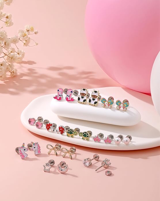24 Pairs Hypoallergenic Screw Back Earrings for Girls Kids Women Surgical Stainless Steel Flat Back Earrings for Sensitive Ears Cute Strawberry Flower Rainbow ScrewBack Stud Earrings Jewelry