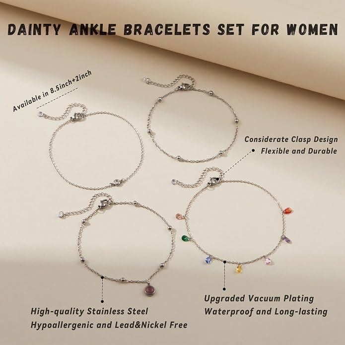 LOFITOR Ankle Bracelets for Women Glitter Waterproof Adjustable Anklet Set for Women 18K Gold Plated Silver Charm Dainty Layered Anklets, Summer Beach Anklet Jewelry for Women
