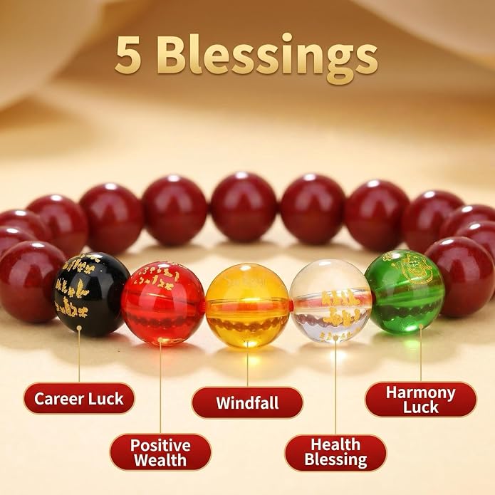 LINGYUAN Feng Shui Wealth and Luck Bracelet with Gold Foil Five Gods Amulet-Red Agate Cinnabar Gemstone Bracelet for Prosperity, Protection & Success, Lucky Charm Gift for Men & Women