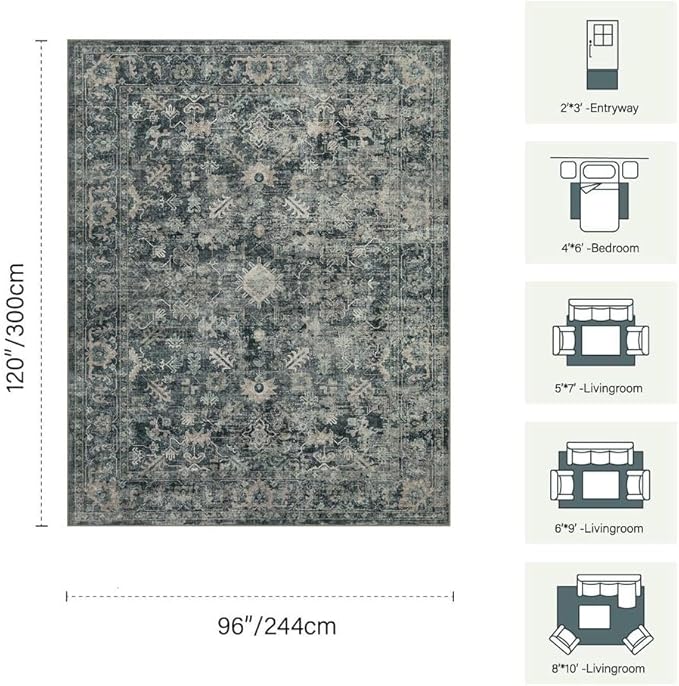 Rugxara Blue 8x10 Area Rugs for Living Room Bedroom Large Washable Rug | Non Slip, Rug for Dining Room Office Kids Room, Stain Resistant, Soft, Low Pile, Vintage Boho Retro Carpet,Home Decor