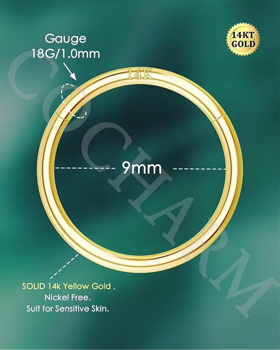 COCHARM 14K Solid Gold 18g/16g Nose Rings 16G Septum Rings Yellow Gold Tragus Helix Cartilage Conch Earring Hoops 18 Gauge Piercing Hoop
