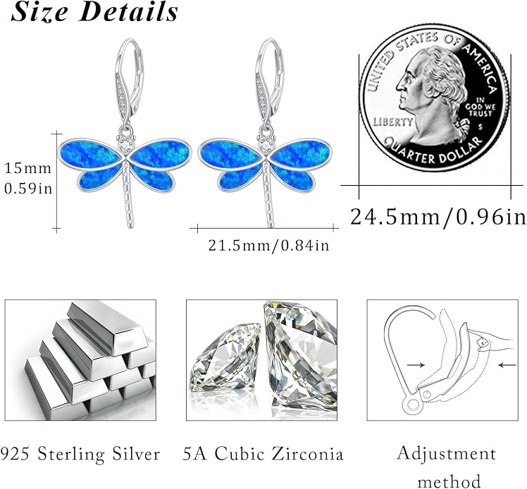 CUOKA MIRACLE Dragonfly Earrings 925 Sterling Silver Hoop Dragonfly Earrings Dangle Drop Opal Earring Dragonflies Jewelry Gifts for Women Wife