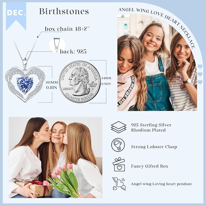Heart Necklaces for Women Mother's day Gifts, Birthstone 925 Sterling Silver Angel Wings Love Pendant Necklaces for Women, Jewelry Gifts for Wife, Anniversary, Birthday