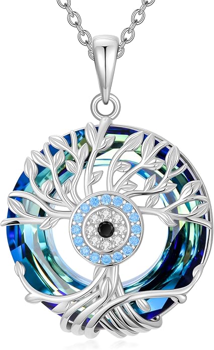 TOUPOP Evil Eye Necklace 925 Sterling Silver Tree of Life/Turquoise Evil Eye Crystal Pendant Necklace Protection Jewelry Amulet Christmas Gifts for Women Her