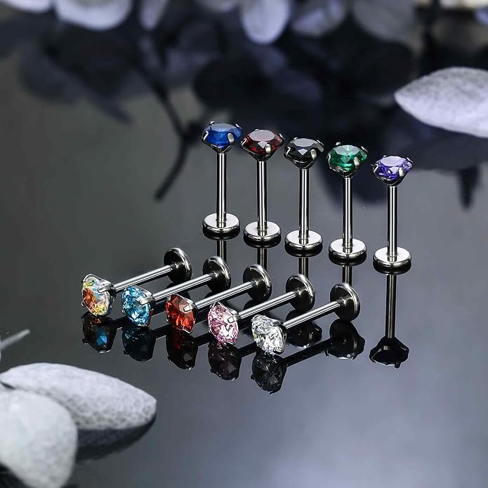 Ruifan Titanium Flat Back Lip Rings Threadless Push in Earrings Studs Nose Rings 20G 18G 16G Mix Colors CZ Tragus Cartilage Lobe Rook Helix Conch Labret Medusa Nostril Piercing Jewelry for Women Men