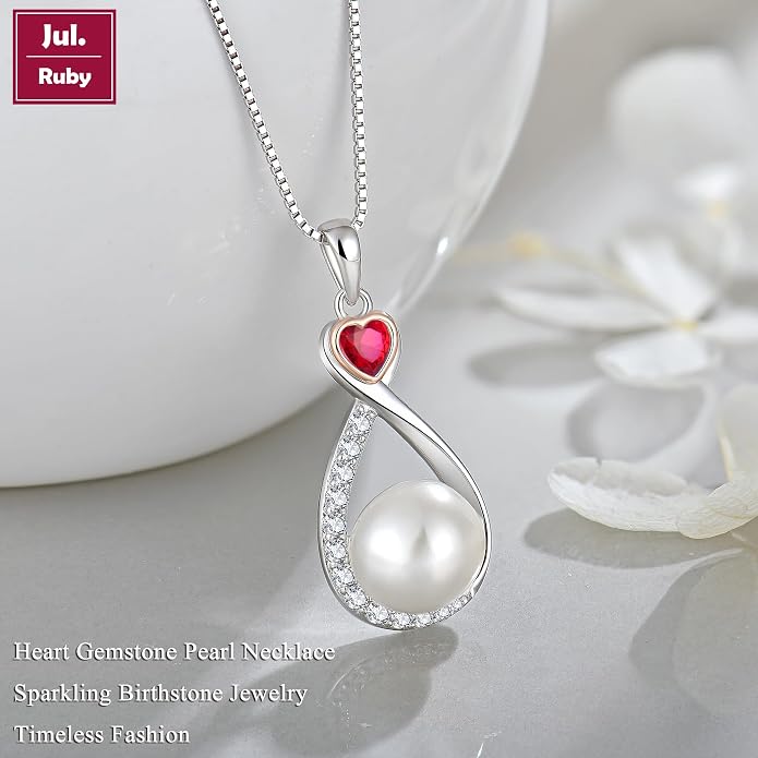 Heart Birthstone Pearl Pendant Necklace, 925 Sterling Silver Infinity Necklace with 10mm Freshwater Cultured Pearl & 4mm Gemstone Jewelry for Women
