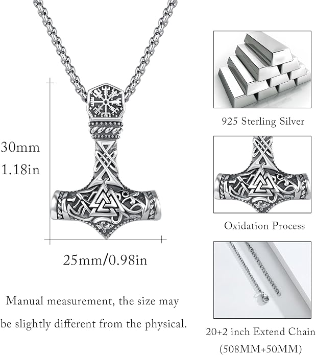 925 Sterling Silver Viking Norse Mjolnir Thor Hammer Pendant Amulet Necklaces with Gifts Box