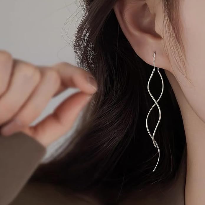 925 Sterling Silver Dainty Hard Wire Threader Dangle Earrings for Women 14k Gold Plated Tassel Threader Pull Through Long Half Hoop Earring Wedding Bridal Birthday Jewelry Gifts