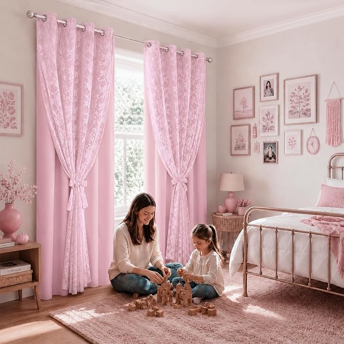 Yinhua Pink Blackout Curtains Double Layer Curtains for Bedroom 84 Inch Length Nursery Curtain for Living Room, Grommet Drapes with Tiebacks, 2 Panels, 52" W x 84" L