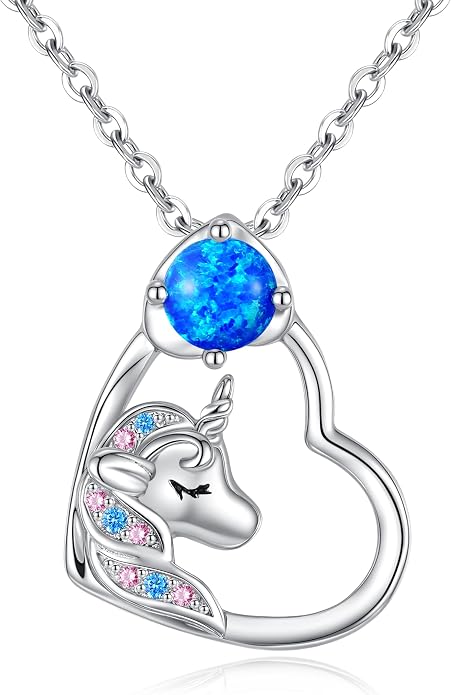 CDE Christmas Gift for women Cute Unicorn Birthstone Necklace for Girls Daughter 925 Sterling Silver Opal Heart Pendant Graduation Birthday Christmas Jewelry Gift for Teenage Girls Niece