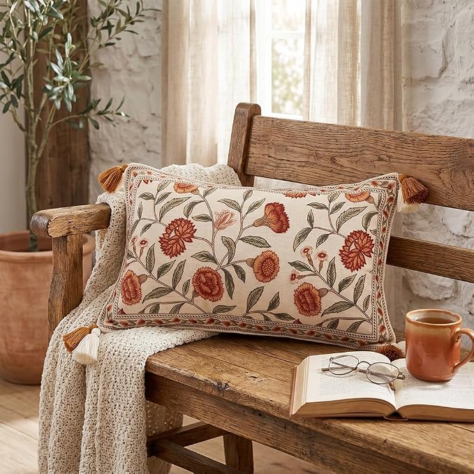 ISAENNE French Elegant Linen Rectangle Throw Pillow Cover,20"x12"-Albano A | Designer Vintage Pillow Cover,Concealed Zipper Design,Orange Floral Pattern,Sofa,Bedroom,Living Room,Lounge Chairs