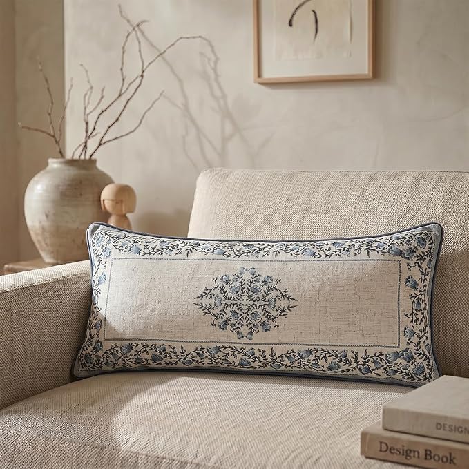 ISAENNE Designer Linen Throw Pillow Cover,Set of 2,28"x12"-Segerman A | Elegant Chinoiserie Rectangle Pillow Cover,Concealed Zipper Design,Floral Pattern,Sofas,Bedroom,Living Room,Lounge Chairs