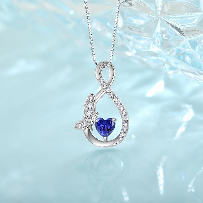 Infinity Butterfly Necklace for Women 925 Sterling Silver Heart Birthstone Created Gemstone Pendant Jewelry Gifts for Women Her
